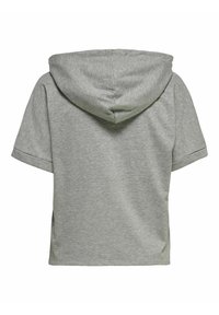 Grå kortärmad hoodie med en mjuk textur och en klassisk huva. Har en avslappnad passform och en enkel design, lämplig för avslappnad användning.