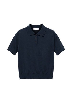 Polo de manga corta azul marino hecho de tejido de punto. Cuenta con un cuello clásico, tres botones marrones y una cintura ajustada.