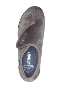 Brown velvet slipper with a rounded shape, featuring a hook-and-loop closure, memory foam insole, and decorative stitching on the upper.
