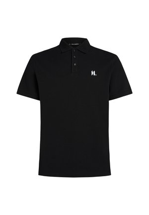 Polo noir en mélange de coton, avec un col côtelé, patte de boutonnage à trois boutons et un logo blanc sur la poitrine gauche. Manches courtes.