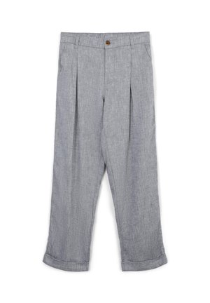 Light gray linen trousers with front pleats, cuffed hems, side pockets, belt loops, and a brown button closure at the waistband.