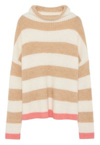 Randig tröja med krage, med mjuka beige och vita ränder, samt en rosa fåll. Tillverkad av ett fluffigt material, med en lös passform.