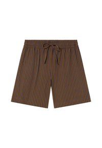Brown shorts with vertical blue stripes, featuring an elastic waistband and drawstring. The fabric appears smooth and lightweight.