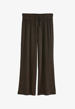 Brown wide-leg trousers made of soft, textured fabric, featuring an elastic waistband with drawstring for adjustable fit.