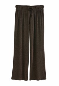 Hnědé široké kalhoty vyrobené z měkké, texturované tkaniny, s elastickým pasem a stahovací šňůrou pro nastavitelné nošení.