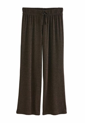 Hnedé široké nohavice vyrobené z jemnej, textúrovanej tkaniny, s elastickým pásom a šnúrkou na prispôsobenie. Ramenný pás pre nastaviteľný strih.
