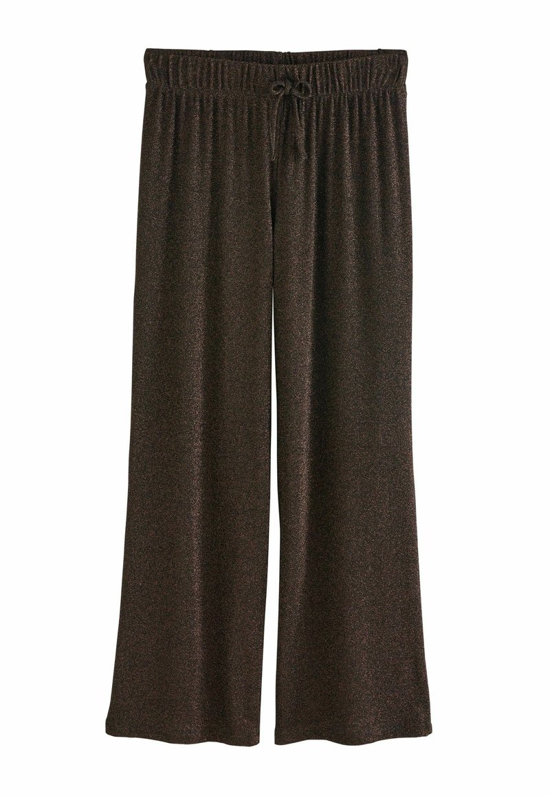 Hnědé široké kalhoty vyrobené z měkké, texturované tkaniny, s elastickým pasem a stahovací šňůrou pro nastavitelné nošení.