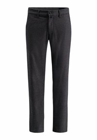 Pantalons à motif sombre avec une texture lisse, dotés d'une taille standard, de poches avant et d'une fermeture à glissière.
