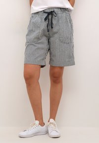 Striped shorts made of lightweight fabric, featuring a drawstring waist, two side pockets, and a cuffed hem. Color scheme includes navy and white.