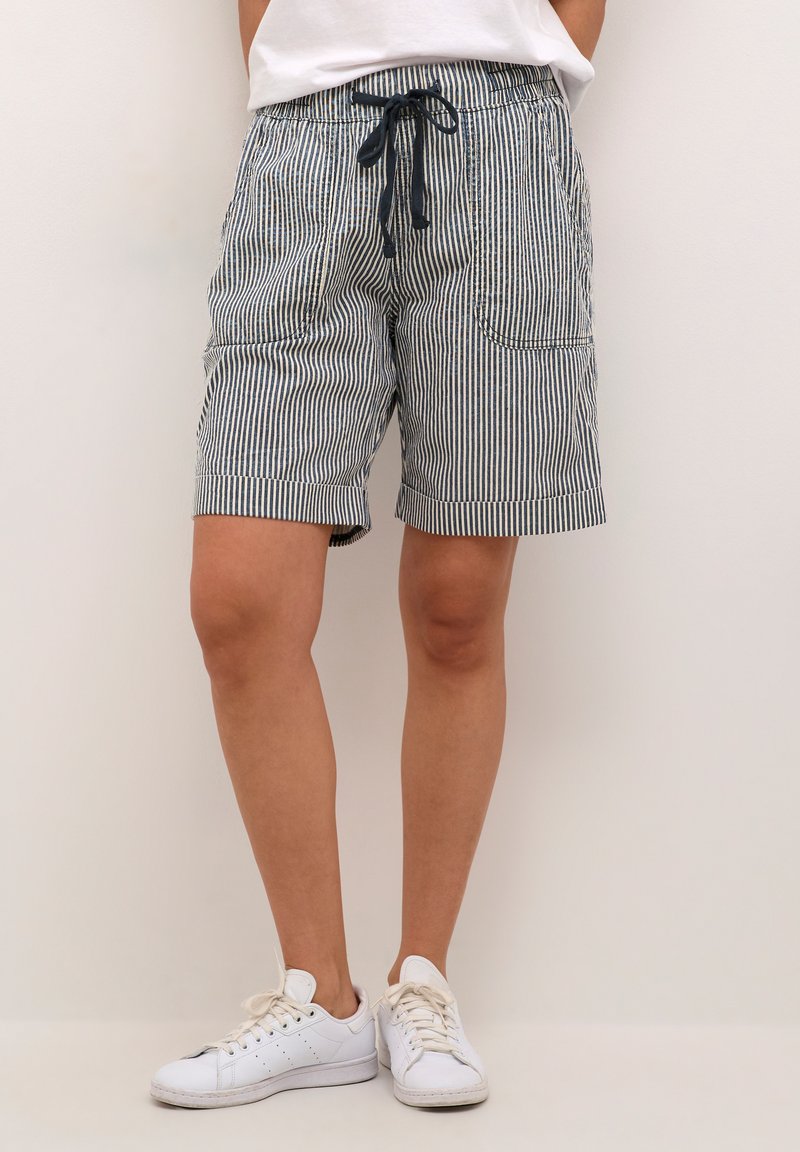 Striped shorts made of lightweight fabric, featuring a drawstring waist, two side pockets, and a cuffed hem. Color scheme includes navy and white.