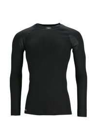 Zwarte thermoshirt met lange mouwen, ribbelstructuur, aansluitend ontwerp, ronde hals en gaasdetails op de schouders.