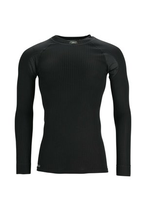 Long-sleeve black thermal shirt with ribbed texture, fitted design, crew neckline, and mesh detailing on the shoulders.