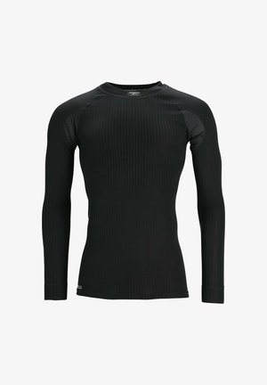 Musta pitkähihaine termopaita, jossa on ribbitettu pinta, istuva muotoilu, pyöreä kaula-aukko ja verkko-ominaisuudet olkapäillä.