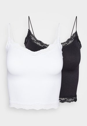 Ensemble de deux débardeurs en blanc et noir. Fabriqués en tissu doux, avec de la dentelle le long de l'encolure et de l'ourlet. Bretelles spaghetti ajustables.