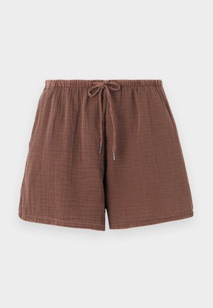 Shorts en coton marron avec une finition texturée et froissée, une taille élastique et un cordon de serrage. Longueur mi-cuisse avec une coupe décontractée.