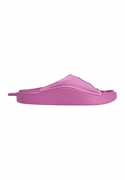 Pink slide sandal with a smooth finish, contoured shape, and slight elevation at the heel. Features an open toe and side ventilation.