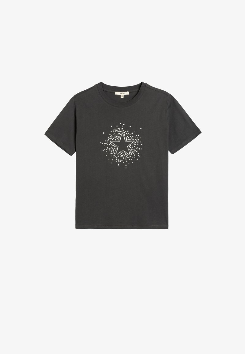 Donkergrijze katoenen t-shirt met korte mouwen en een ronde hals, voorzien van een wit sterrenontwerp omringd door stipaccenten aan de voorkant.