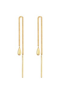 Goldene Ohrringe mit verlängerten Tropfenformen, die eine glatte Oberfläche und ein minimalistisches Design aufweisen. Einer hat einen Tränenstein, der andere einen geraden Stab.