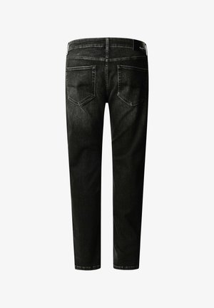 Jeans in denim nero con due tasche posteriori e un'etichetta in vita, mostrati da dietro su uno sfondo bianco.