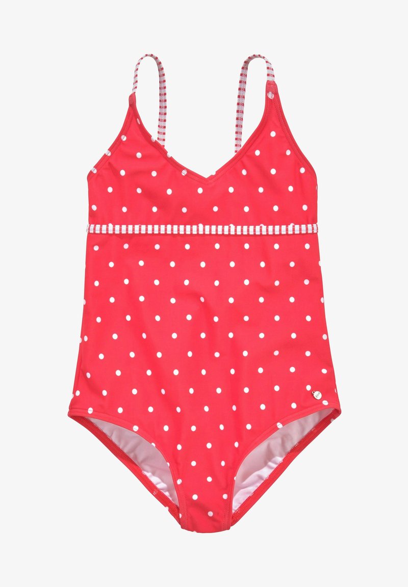 Roter Badeanzug mit weißen Pünktchen, dünnen Trägern, gestreiften Akzenten an der Taille und einem klassischen Schnitt für eine bequeme Passform. Glatte Stofftextur.