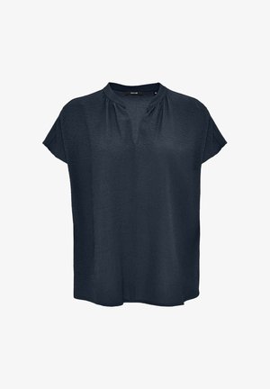 Navy blue short-sleeve blouse with a textured fabric, relaxed fit, and a slight V-neckline. Features soft draping and no visible fastenings.
