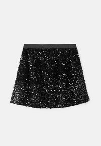 Musta paljettihame, jossa on liehukamuoto, sileä ja joustava vyötärö sekä teksturoitu pinta, joka on saavutettu useiden kiiltävien paljettiyksityiskohtien avulla.