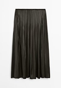 Gonna lunga plissettata in raso nero con vita dritta, design fluido e texture liscia, caratterizzata da linee verticali che valorizzano il movimento.