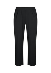 Schwarze Polyester-Mischgewebe-Hosen mit einem elastischen Bund, geradem Beinansatz und ohne zusätzliche Beschläge oder Muster. Glatte Textur, knöchellang.