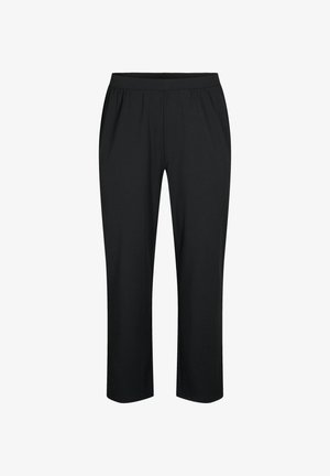 Črne hlače iz poliestrskega materiala z elastičnim pasom, ravno obliko nogavic in brez dodatnih kovinskih delov ali vzorcev. Gladko teksturo, do gležnjev.