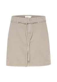 Beige denim mini skirt with belt loops, front tie, and decorative studs along the right side. Smooth texture and structured shape.