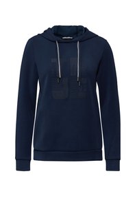 Mørkeblå hættetrøje med snoretræk i hætten, grafisk tekstdesign foran, lange ærmer og ribbede manchetter og kant, lavet af blød bomuldsblanding.