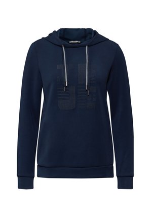 Navy blauwe hoodie met trekkoordkap, voorzijde met grafische tekstontwerp, lange mouwen, en geribbelde manchetten en onderkant, gemaakt van een zachte katoenmix.