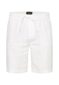 Shorts en lin blanc avec une taille élastique munie d'un cordon de serrage, coupe droite et texture légère.