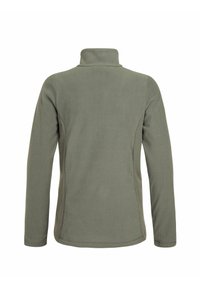 Chaqueta de forro polar verde oscuro con cuello alto, mangas largas y una textura suave; presenta costuras planas y sin detalles de hardware visibles.