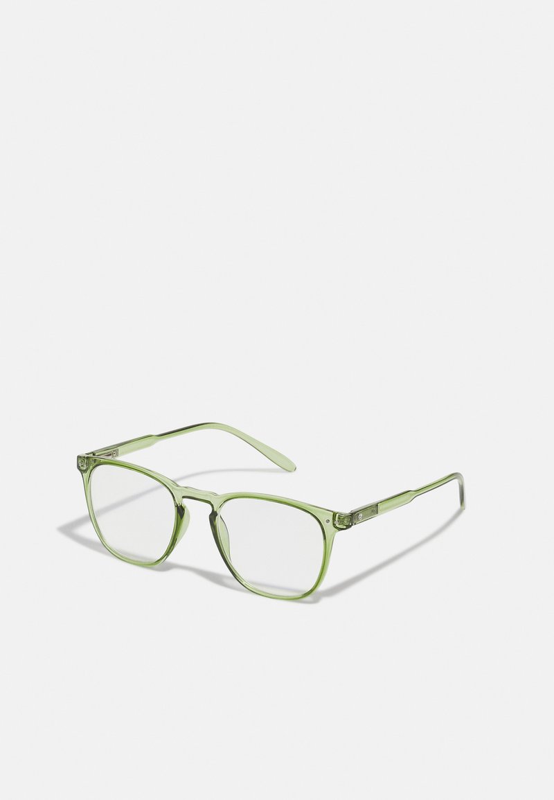 Grønne, gjennomsiktige briller med en geometrisk ramme, med rette stenger og klare linser. Strømlinjeformet design med minimal maskinvare.