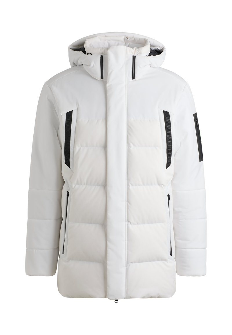 Weißer Pufferjacke mit gesteppten Paneelen, schwarzen Akzenten, Kapuze und Reißverschluss-Taschen. Glatte Stoffoberfläche mit glänzendem Finish.