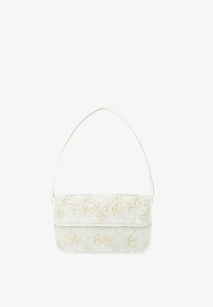 Sac à épaule blanc avec fermeture à rabat, décoré de petites fleurs brodées de perles et d'une fine bandoulière réglable.