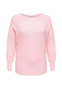 Lys rosa ribbestrikket genser med vid hals og lange, lett puffede ermer. Myk tekstur, rett kropp og avslappet passform.