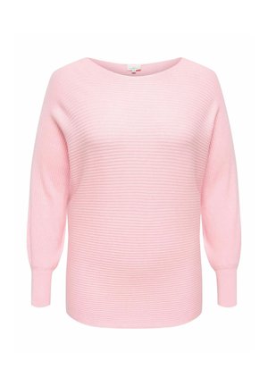 Lichtroze geribde trui met een brede halslijn en lange, licht opgepofte mouwen. Zachte textuur, rechte pasvorm en een ontspannen fit.
