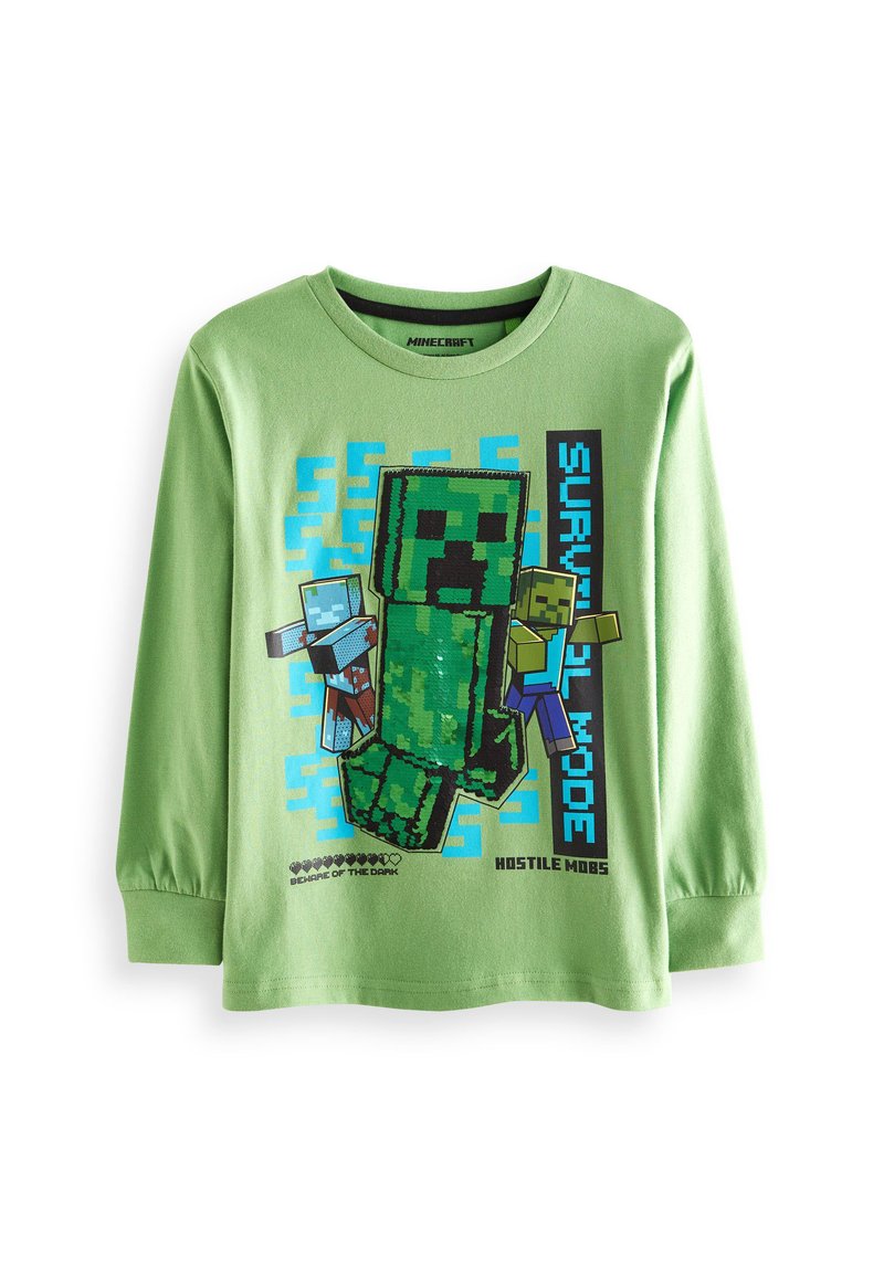 Green long-sleeve shirt featuring pixelated Minecraft characters and text design, made of soft cotton fabric. Patterns include a Creeper and blue accents.