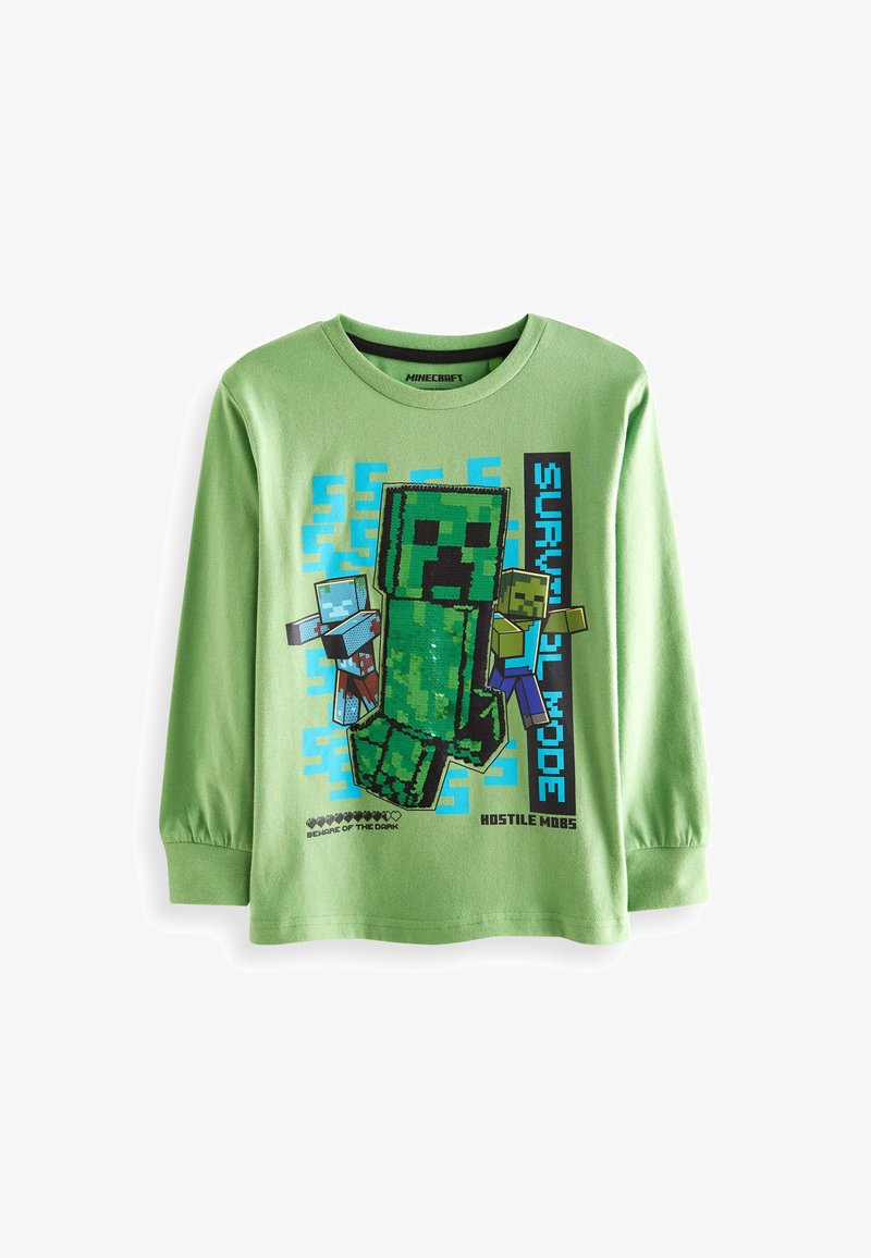 Green long-sleeve shirt featuring pixelated Minecraft characters and text design, made of soft cotton fabric. Patterns include a Creeper and blue accents.