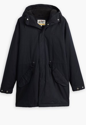 Black waterproof parka with a detachable hood, drawstring waist, two side pockets, and a soft lining. Features snap closures and durable fabric.