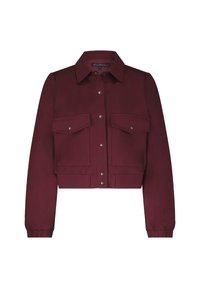 Bordeaux cropped jack gemaakt van gladde stof, met een spitse kraag, twee zakken aan de voorkant, drukknopen en aangesloten manchetten.