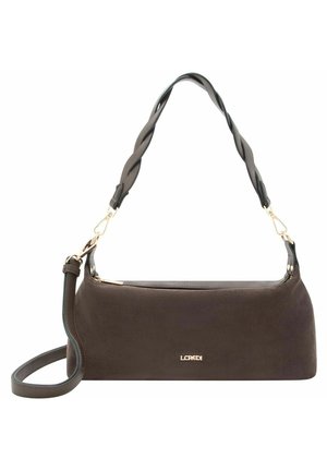 Sac à main en daim marron avec poignée en cuir tressé et bandoulière réglable. Doté d'un accent logo doré et d'une fermeture éclair lisse. Design décontracté.