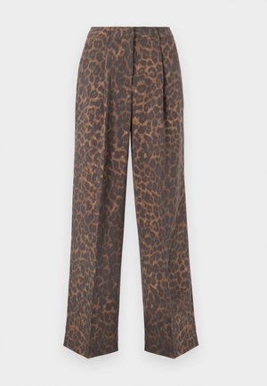 Pantaloni a gamba larga con un motivo a stampa leopardata nei toni del marrone e del nero; design con pieghe frontali; texture morbida, leggera lucentezza.