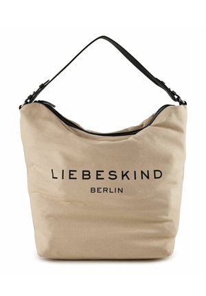 Sac à bandoulière en toile beige avec sangle noire ajustable et fermeture éclair, avec "Liebeskind Berlin" imprimé en noir sur le devant.
