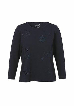 Marineblaue Langarm-Sweatshirt mit Rundhalsausschnitt. Verfügt über verschiedene gestickte Designs, darunter Blumen und Schriftzüge auf der Vorderseite.