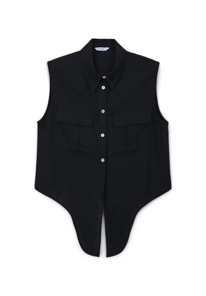 Black sleeveless shirt with a pointed collar, front button closure, and two chest pockets; features a curved hem for a distinctive shape.