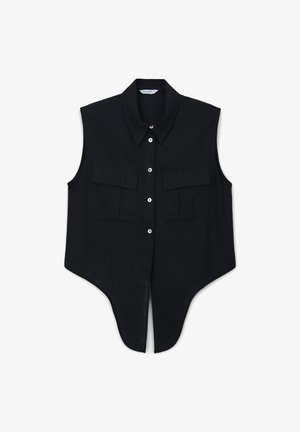 Black sleeveless shirt with a pointed collar, front button closure, and two chest pockets; features a curved hem for a distinctive shape.