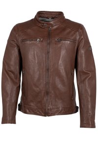 Braune Lederjacke mit hohem Kragen, gerippten Schulterdetails, zwei Reißverschluss-Brusttaschen und glatter, glänzender Textur.